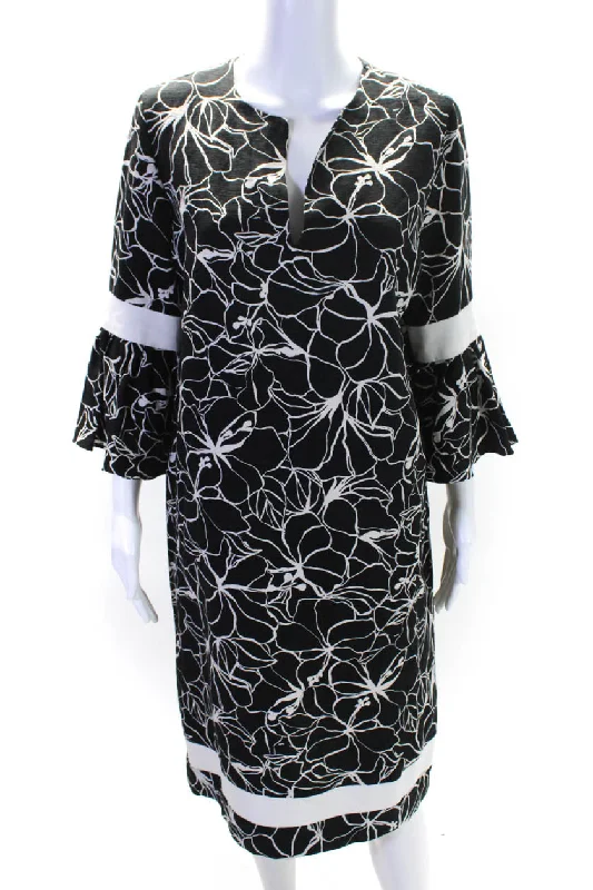 ladies-trumpet-dress-puff-sleeve-Carolina Herrera Womens Floral Striped Hem Flare Pleat Sleeve Dress Black