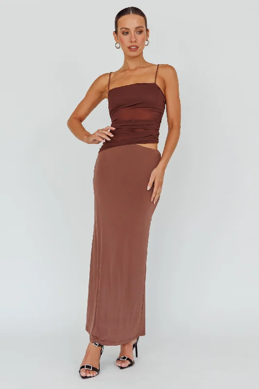 ladies-midi-dress-elastic-hem-Lorely Ruched Bodice Midi Dress Brown