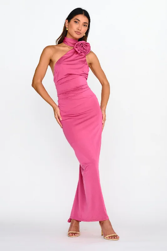 ladies-maxi-dress-vacation-wear-Amora Rose Halterneck Maxi Dress Hot Pink