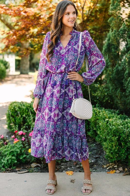 ladies-floral-dress-petite-fit-Fate: Find Your Love Plum Purple Floral Midi Dress