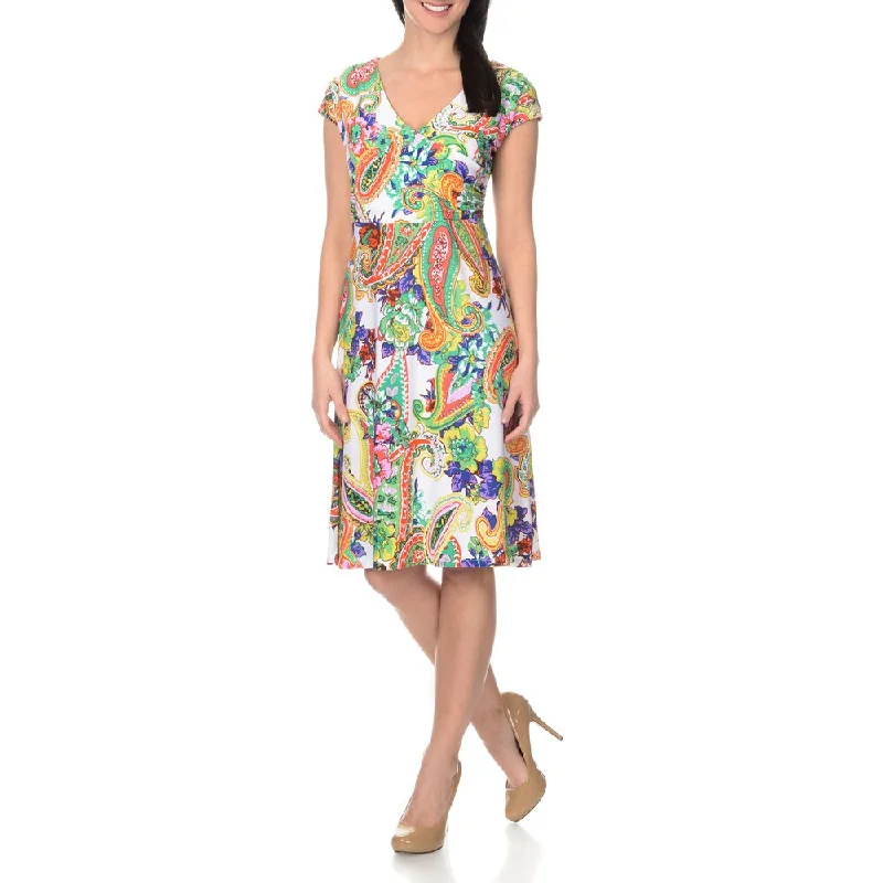 ladies-floral-dress-shift-dress-La Cera Women's Paisley Floral Printed Cross-over Front Dress