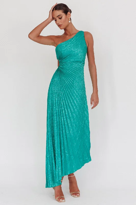 ladies-maxi-dress-emerald-green-Amelie One-Shoulder Accordion Pleat Maxi Dress Kelly Green