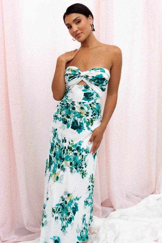 ladies-midi-dress-periwinkle-Teagan Strapless Midi Dress - Green Floral