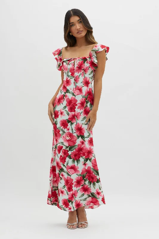 ladies-maxi-dress-leather-accent-New Era Off Shoulder Maxi Dress Floral Red