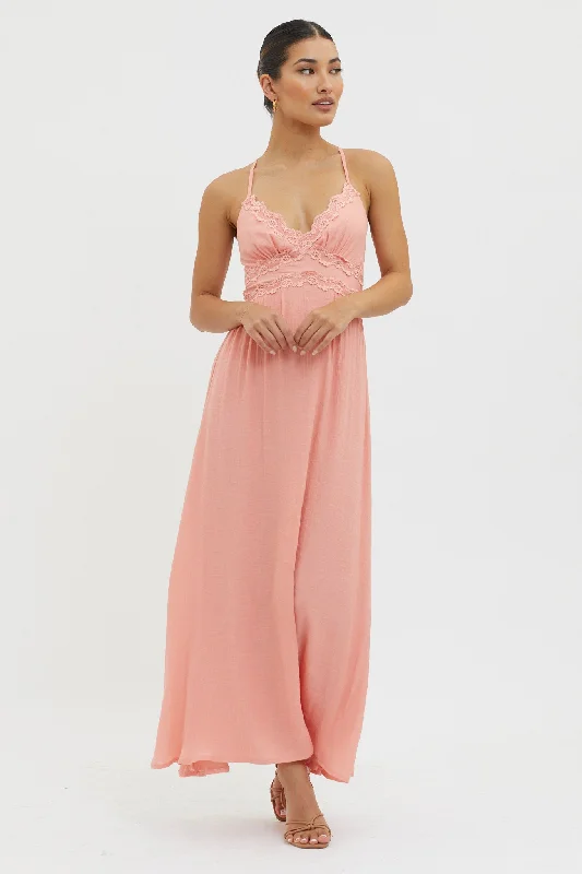 ladies-maxi-dress-soft-fabric-Slow It Down Lace Trim Maxi Dress Peach