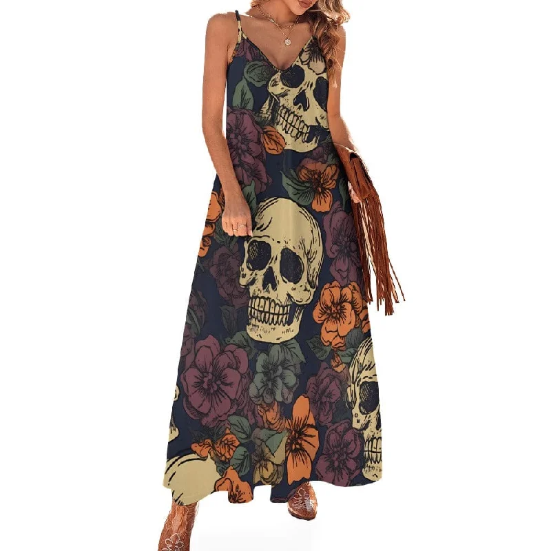 ladies-floral-dress-scoop-neck-Our Women's skulls & Brown Floral Sling Ankle Long Dress Is The Perfect Combination of Style & Comfort