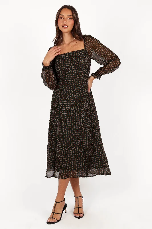 ladies-midi-dress-youthful-vibe-Ettie Long Sleeve Midi Dress - Pine/Tan