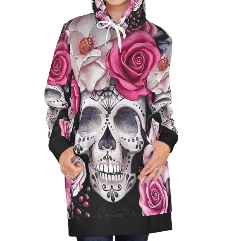 ladies-floral-dress-bright-blooms-Women's Skull Pink Rose Floral Hoodie Dress