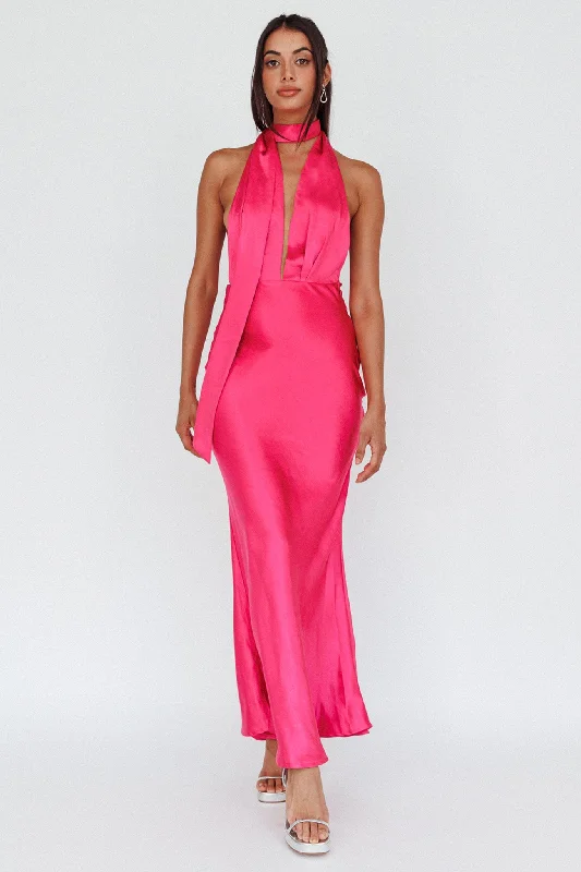 ladies-maxi-dress-feminine-style-Italia Azure Halterneck Maxi Dress Hot Pink