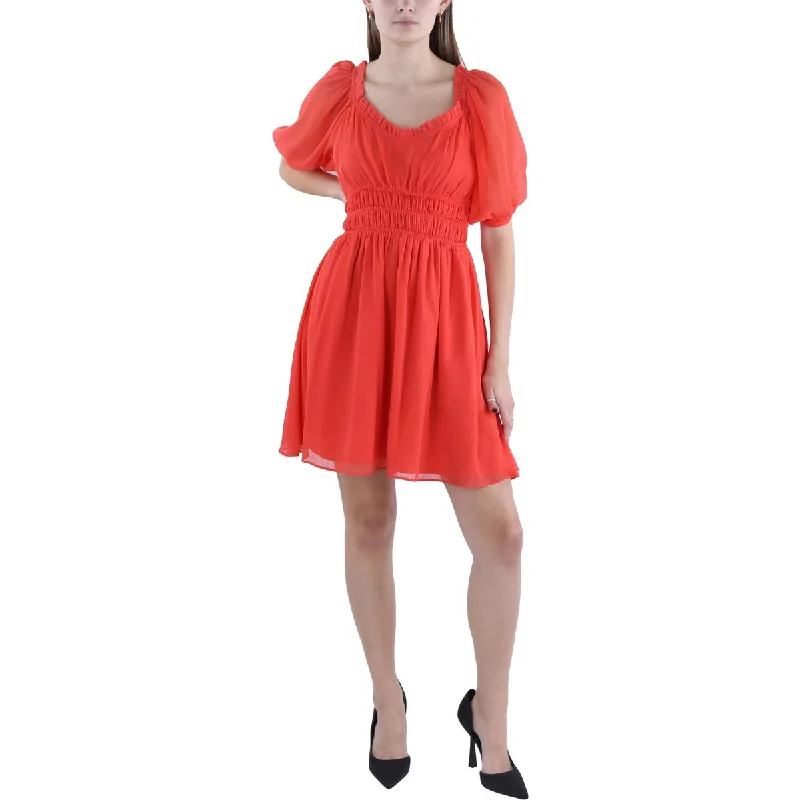 ladies-trumpet-dress-silk-material-Womens Smocked V-Neck Fit & Flare Dress