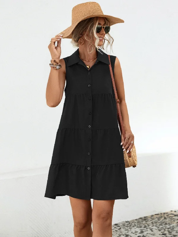 ladies-mini-dress-glamorous-Button Up Sleeveless Mini Dress