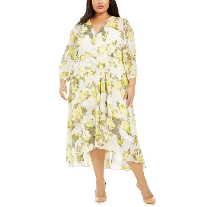 ladies-floral-dress-sepia-base-Calvin Klein Womens Floral Chiffon High-Low Maxi Dress, Yellow, 22W