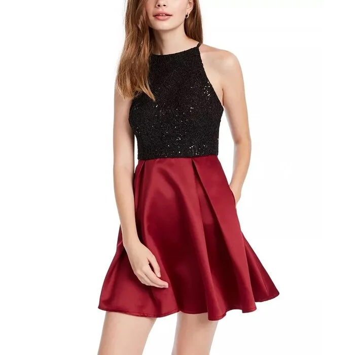 ladies-trumpet-dress-cap-sleeve-Speechless Juniors' Colorblocked Lace Fit & Flare Dress Red Size 5