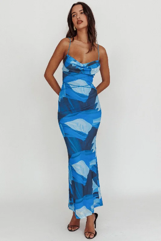 ladies-maxi-dress-white-casual-Teava Laced Waist Maxi Dress Abstract Blue