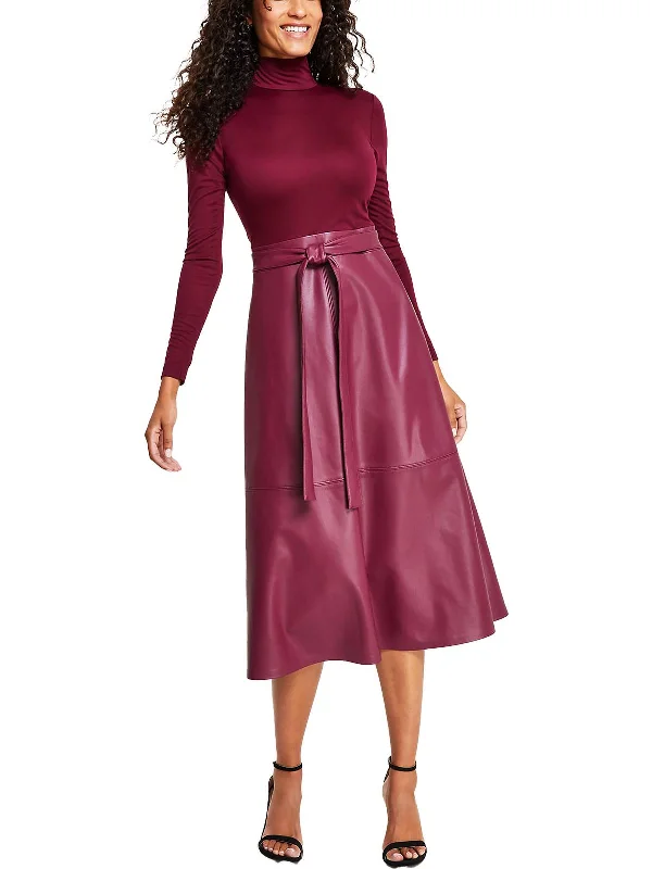 ladies-trumpet-dress-holiday-party-Womens Faux Leather Midi Fit & Flare Dress