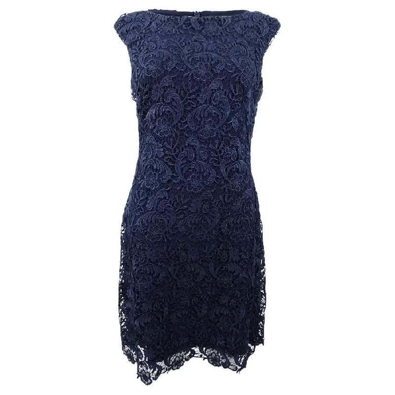 ladies-floral-dress-soft-tones-Lauren by Ralph Lauren Women's Floral Lace Sheath Dress (6, Lighthouse Navy)