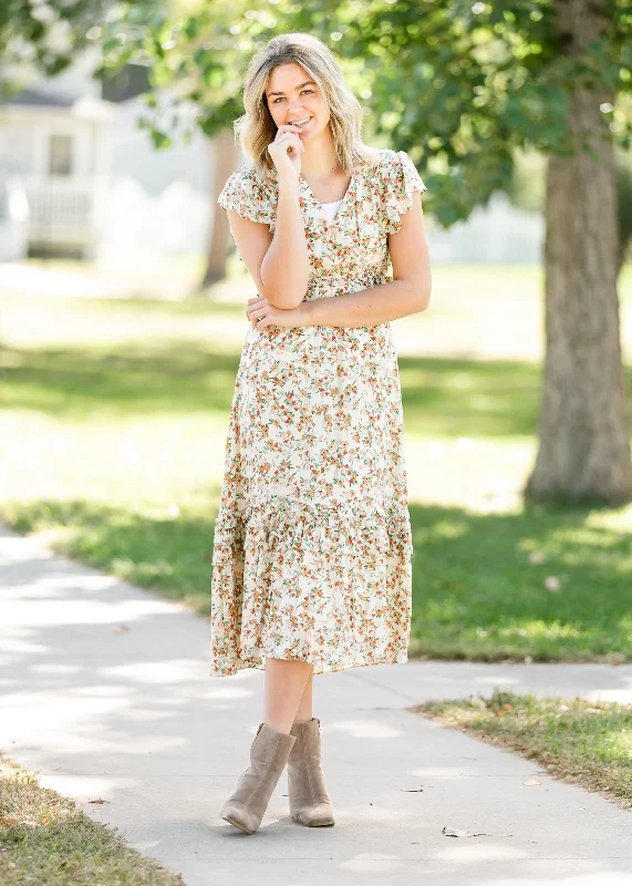 ladies-floral-dress-cinnamon-tones-Ruffle Tiered Cream Floral Midi Dress - FINAL SALE