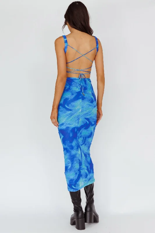 ladies-maxi-dress-winter-layering-Dream Crush Lace-Up Back Side Split Maxi Dress Swirl Blue