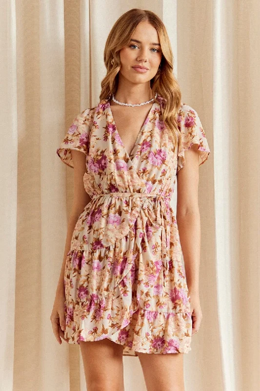 ladies-trumpet-dress-lightweight-Pink Floral Fit And Flare Dress Short Sleeve Wrap Chiffon