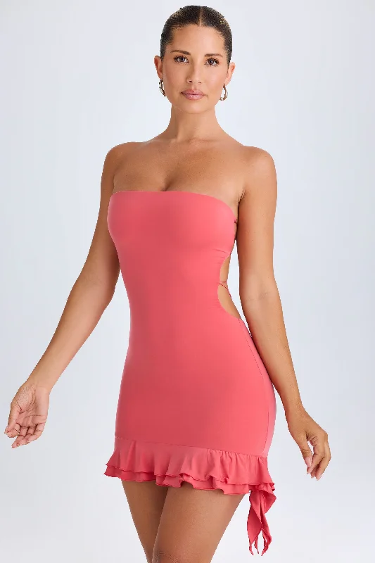 ladies-mini-dress-light-pink-Ruffle-Trim Cut-Out Bandeau Mini Dress in Coral