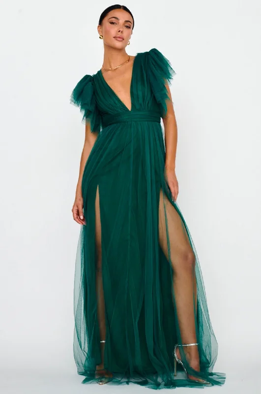 ladies-maxi-dress-90s-vibe-Heaven's Love Deep V-Neck Tulle Maxi Dress Hunter Green