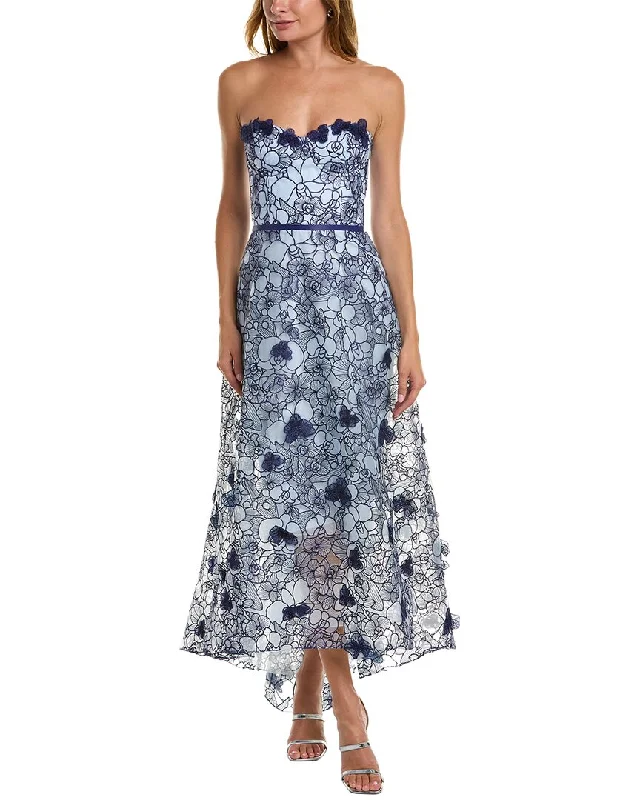 ladies-midi-dress-tiered-skirt-Marchesa Notte Embroidered Lace Midi Dress