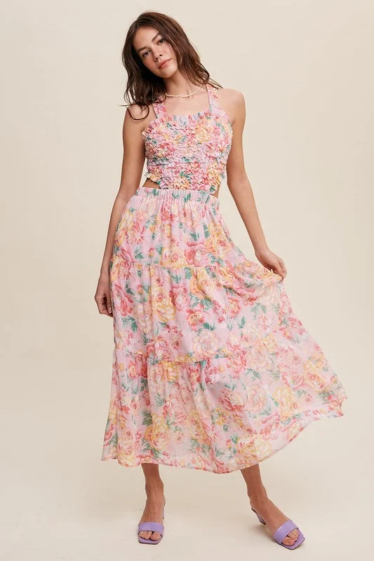 ladies-floral-dress-cold-shoulder-Floral Bubble Textured Two-Piece Style Maxi Dress