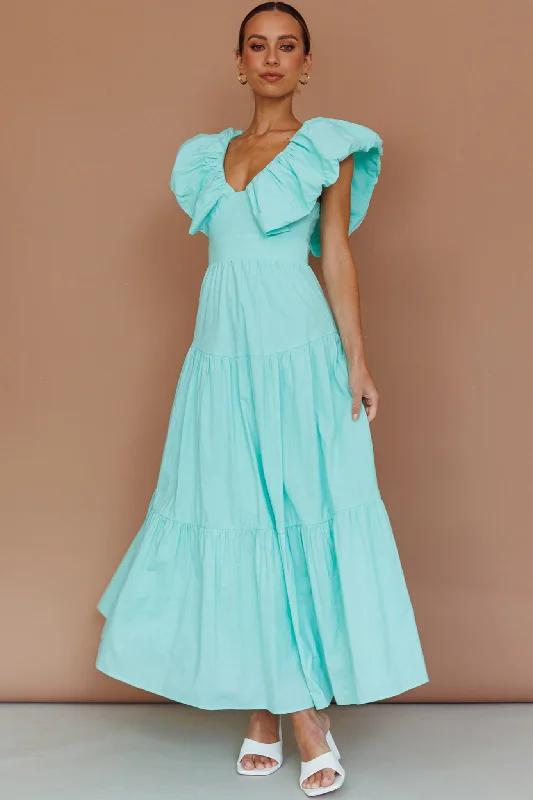 ladies-maxi-dress-chiffon-fabric-Kahlo Puffed Ruffle Neckline Maxi Dress Mint