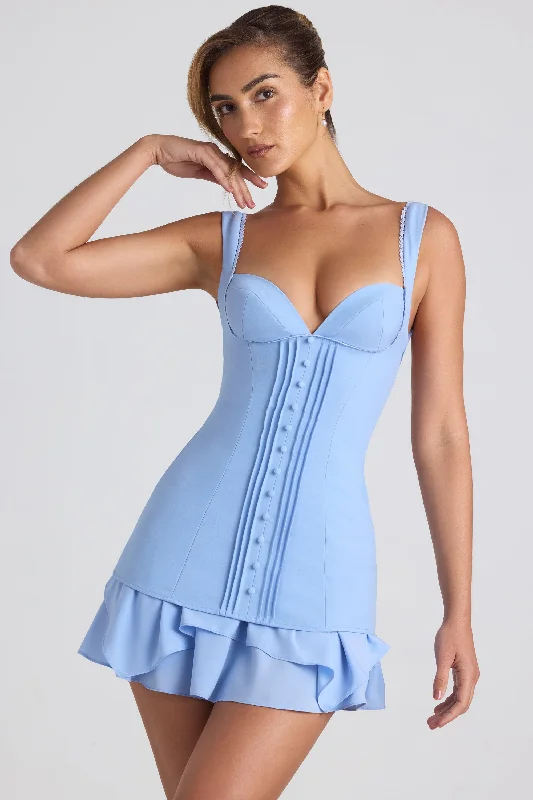 ladies-mini-dress-shimmer-finish-Ruffle-Trim Button-Detail Corset Mini Dress in Sky Blue