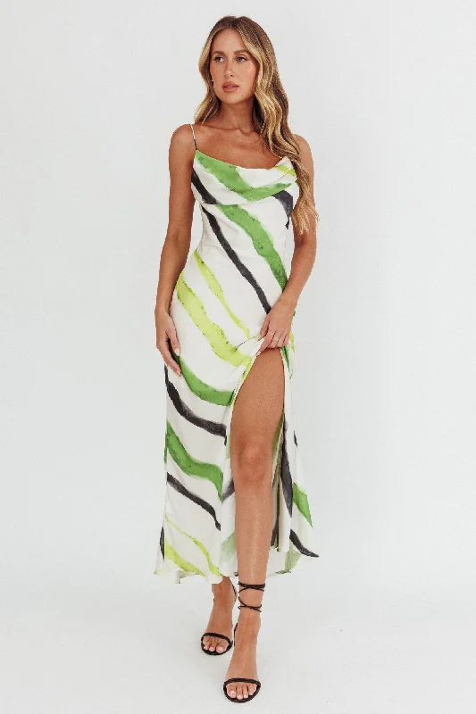 ladies-maxi-dress-gold-accent-Blondine Cowl Bust Split Maxi Dress Green