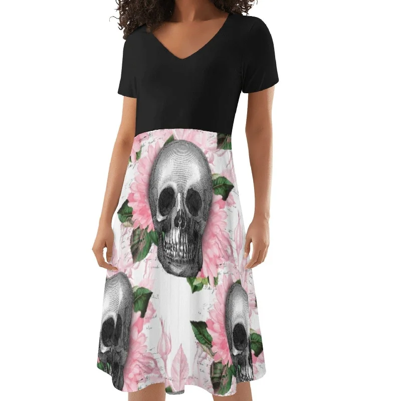 ladies-floral-dress-dark-florals-Women's Skull Pink Floral Black Ruffle Summer Dress