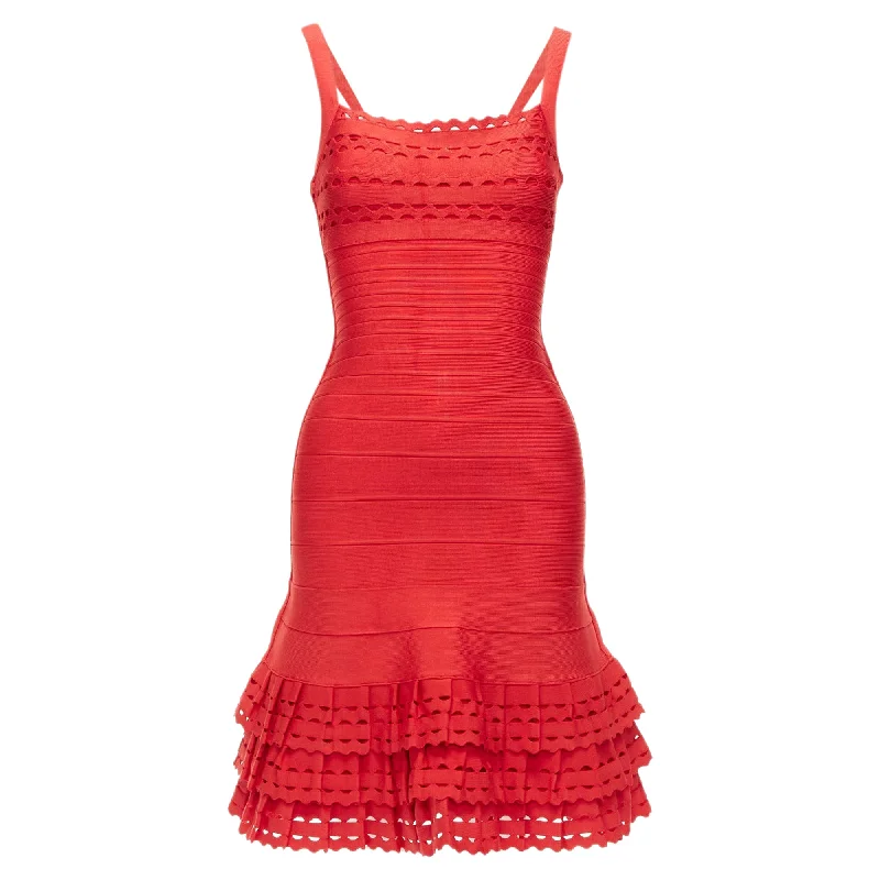 ladies-trumpet-dress-vintage-look-Herve Leger Cut Out Tiered Ruffle Hem Bandage Fit Flared Dress