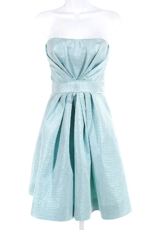 ladies-trumpet-dress-modern-twist-Rafael Cennamo Womens Strapless Metallic Flare Cocktail Dress Turquoise