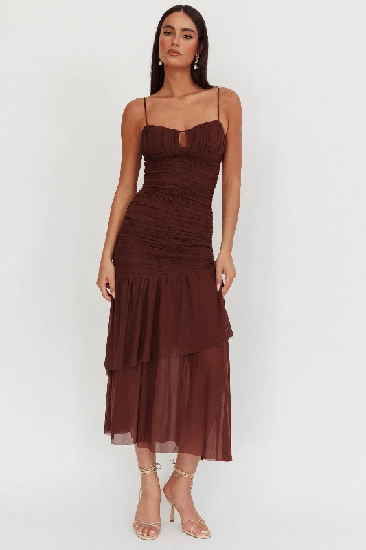 ladies-maxi-dress-salmon-pink-Kailua Ruched Tiered Hem Maxi Dress Chocolate