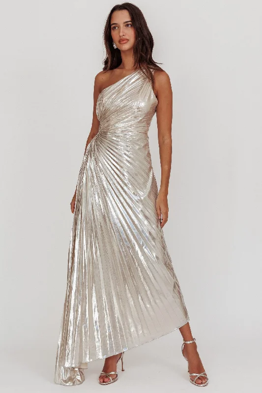 ladies-maxi-dress-holiday-party-Amelie One-Shoulder Accordion Pleat Maxi Dress Champagne