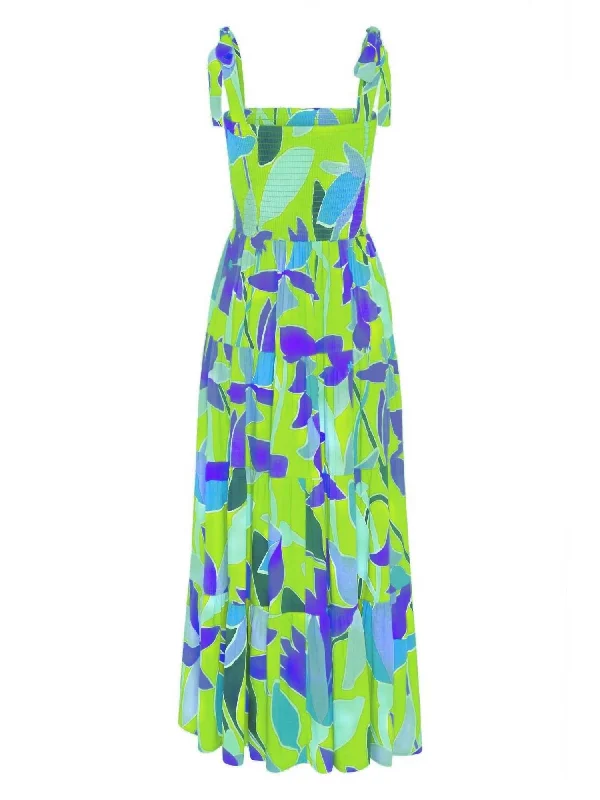 ladies-maxi-dress-chiffon-fabric-Printed Smocked Maxi Dress In Green