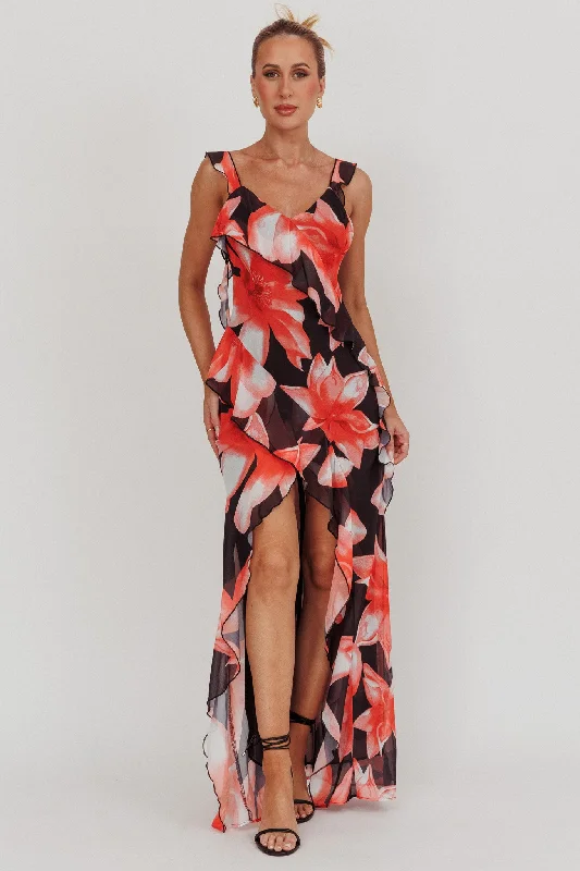 ladies-maxi-dress-button-down-Joyride Floral Ruffle Maxi Dress Black/Red