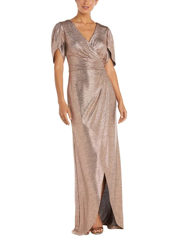 ladies-maxi-dress-rust-orange-Womens Metallic Maxi Wrap Dress