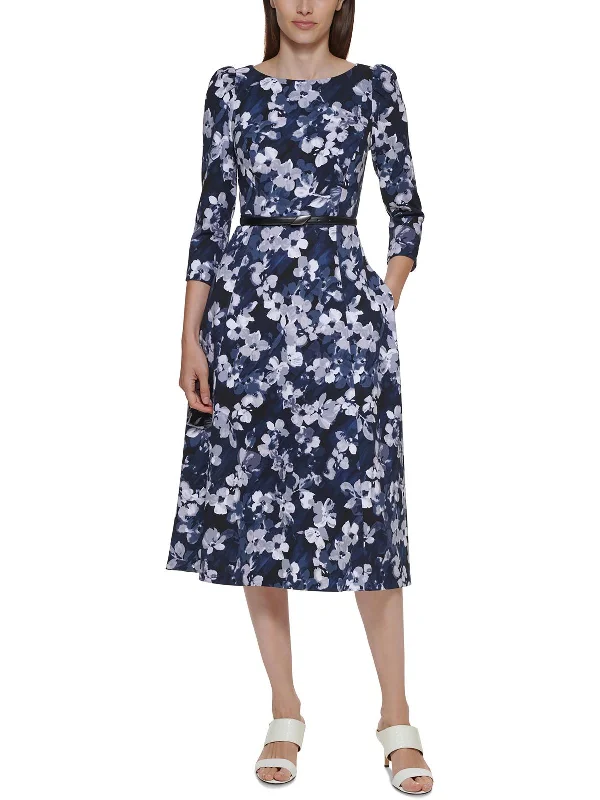 ladies-midi-dress-street-style-Womens Knit Floral Midi Dress