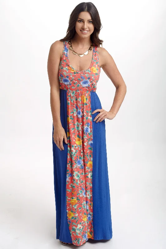 ladies-floral-dress-beige-classic-Blue Floral Colorblock Maxi Dress