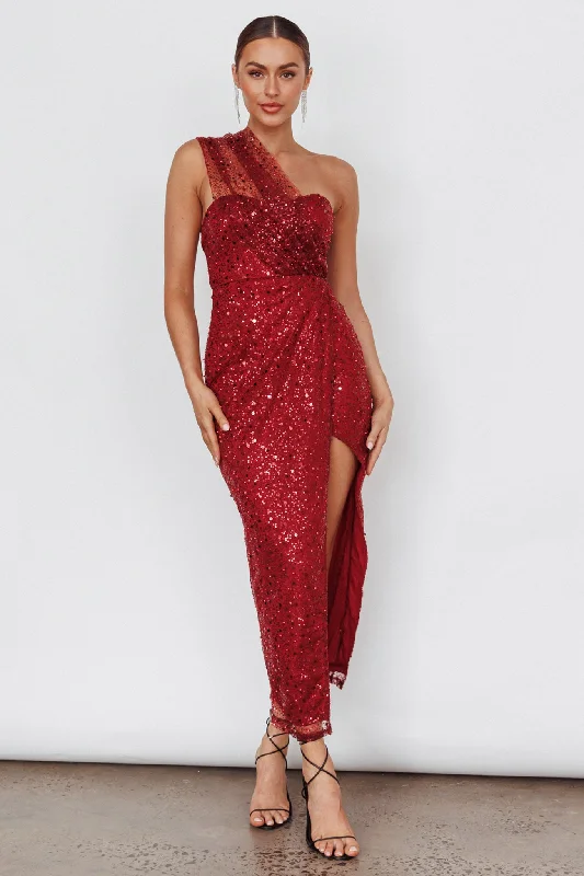 ladies-maxi-dress-bodycon-fit-Doniella One-Shoulder Split Sequin Maxi Dress Wine