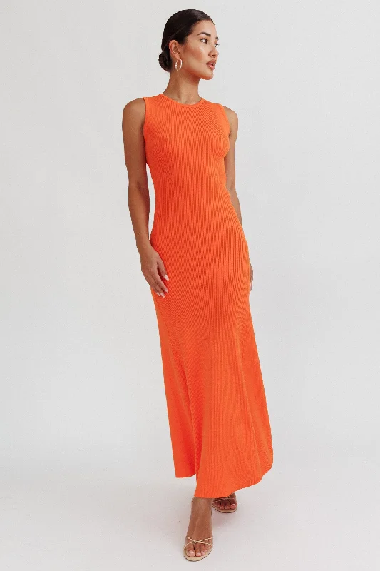 ladies-maxi-dress-tassel-edge-Braylee Sleeveless Ribbed Knit Maxi Dress Orange