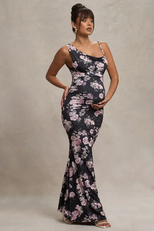 ladies-floral-dress-social-media-Phantasy | Black Floral Maternity Cowl Neck Maxi Dress