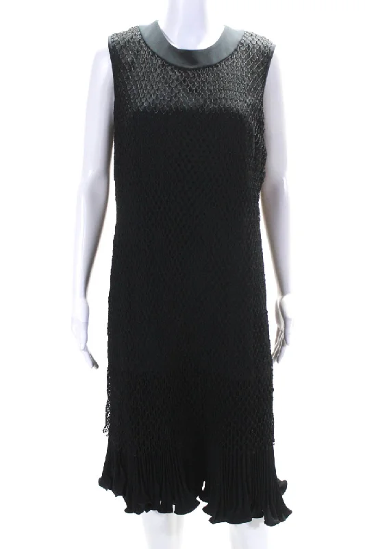 ladies-trumpet-dress-tiered-design-Christian Dior Womens Net Overlay Pleated Hem Flare Sheath Dress Black