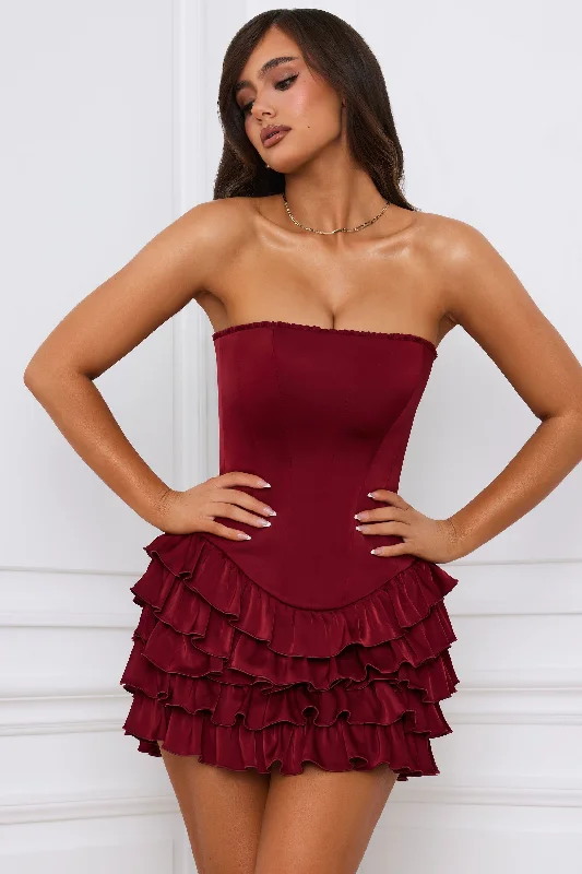 ladies-mini-dress-button-down-Bandeau Ruffled Tiered Corset Mini Dress in Berry Red