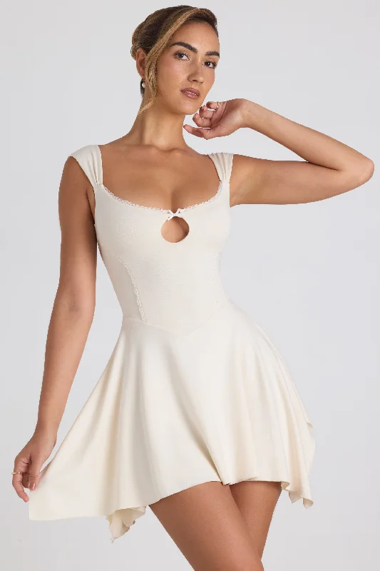 ladies-mini-dress-seasonal-trend-Modal Asymmetric Lace-Trim A-Line Mini Dress in Ivory