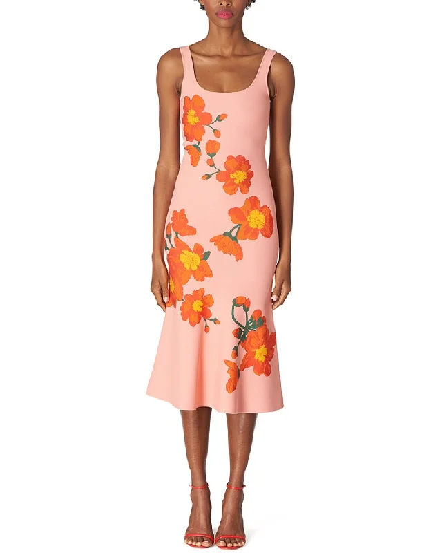 ladies-midi-dress-embroidery-Carolina Herrera Square Neck Trumpet Midi Dress