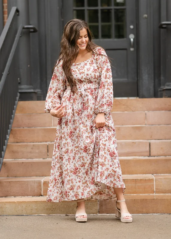 ladies-floral-dress-ochre-yellow-Floral Print Square Neck Maxi Dress