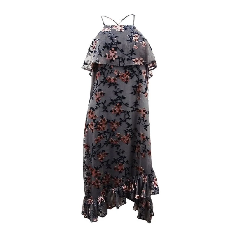 ladies-floral-dress-peach-flowers-Avec Les Filles Women's Ruffled Floral Flocked-Velvet Dress