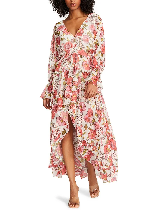 ladies-maxi-dress-scoop-neck-Womens Floral Print Gathered Maxi Dress